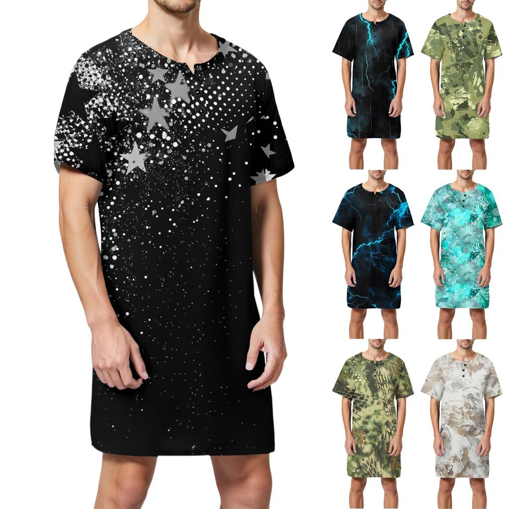 Pyjama d'été pour homme en coton imprimé à manches courtes, col boutonné, long et ample, vêtements d'intérieur