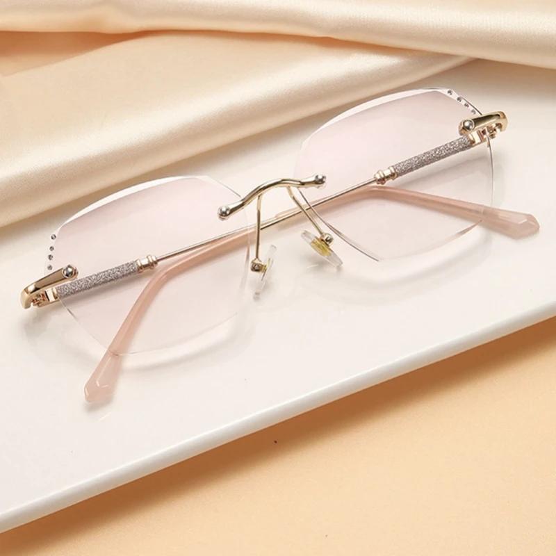 New Style Diamond Cut Reading Glasses Luxury Design Women'S Square Far Sight Eyewear Anti-Blue Light Rimless Presbyopia To +4.0