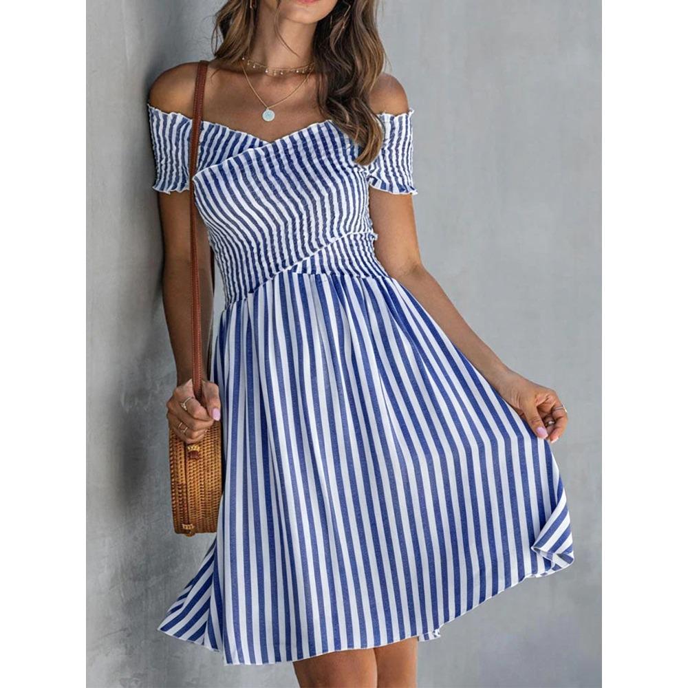 Women s Off Shoulder Short Sleeve Striped A Line Dress Casual Summer Midi Dress S синий