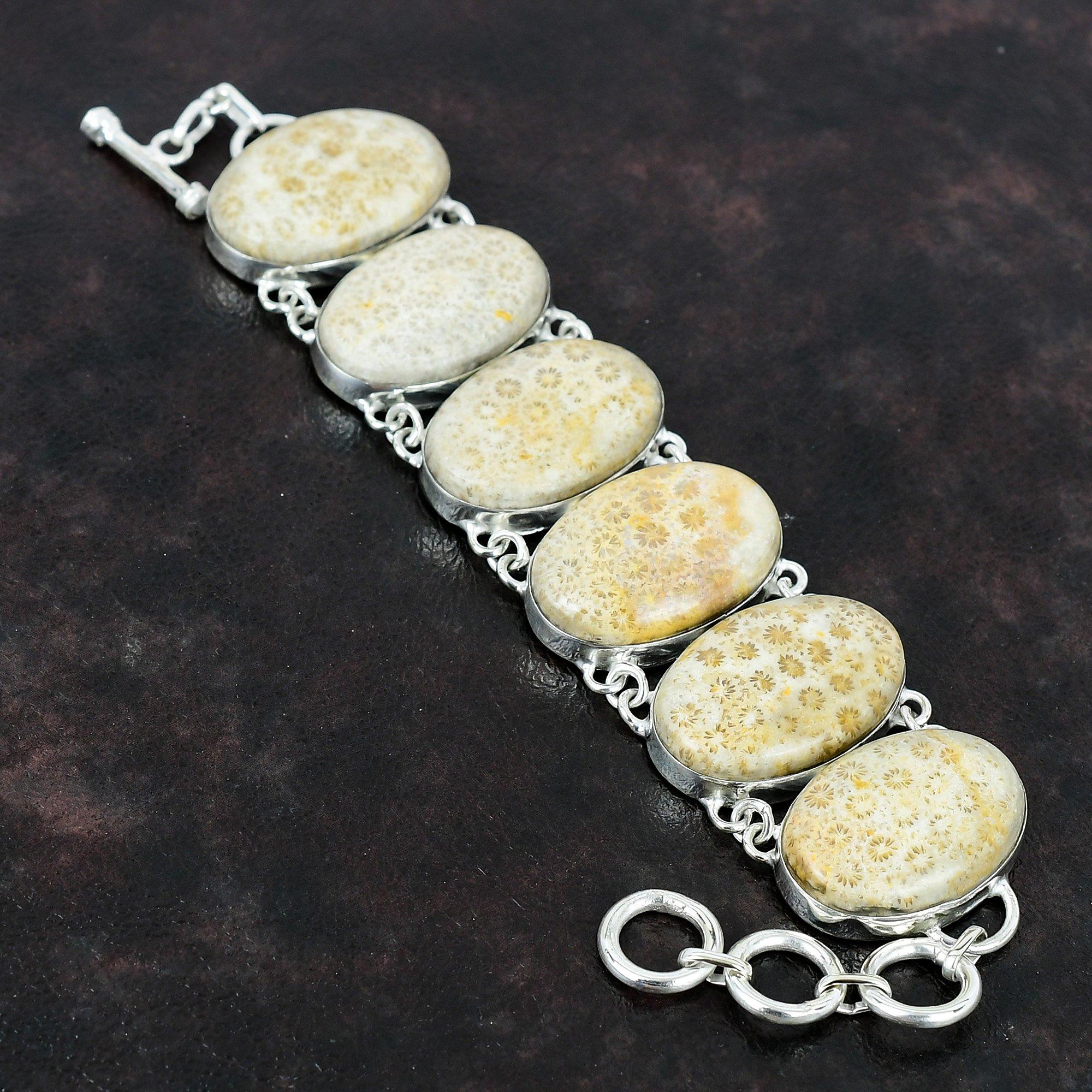 

Браслет из ископаемого коралла Браслет из драгоценного камня Браслет из стерлингового серебра 925 пробы Регулируемый браслет-цепочка ручной работы Ювелирные изделия из ископаемого коралла Подарки для женщин Adjustable