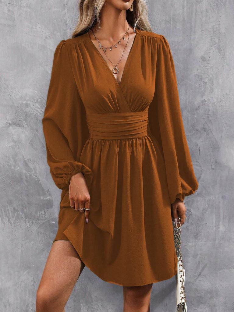 Asymmetric Neck Lantern Sleeve Ruffle Waist Dress
