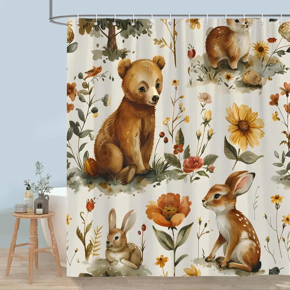 Cute Forest Animals Shower Curtain Winter Snow Fox Red Bird Deer Bear Rabbit Polyester Shower Curtains Bathroom Decor with Hooks