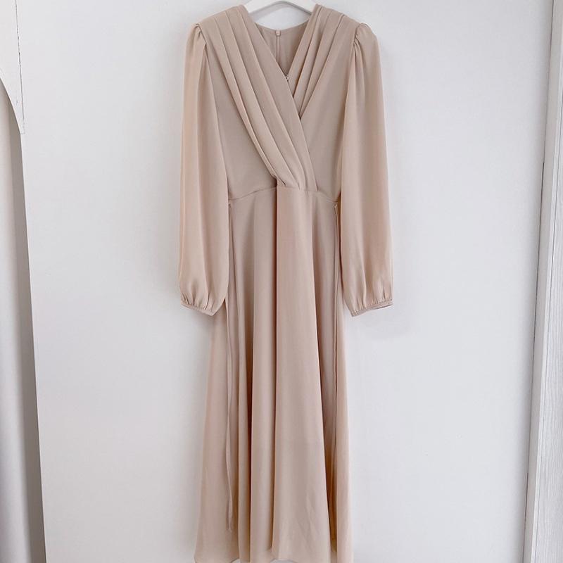 Nuovo Elegante Vestito Avvolgente Scollo a V Lunghezza Media Manica Lunga a Palloncino Linea ad A Svolazzante Vita Alta Vestito in Chiffon Adatto per il Lavoro e l'Uso Quotidiano Casual