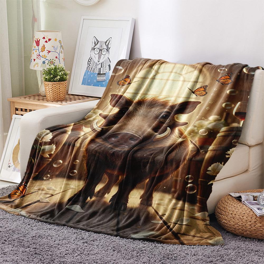 1PC Warthog Print FlAannel Blanket, High quality Comfortable for All Seasons, Home Decor, Warmth and Comfort