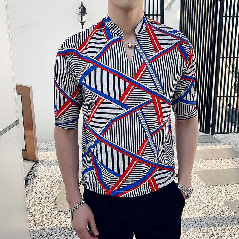 

Летняя горячая распродажа, новая рубашка с рукавом три четверти, свободная мужская рубашка с геометрическим блочным принтом и индивидуальностью M белый