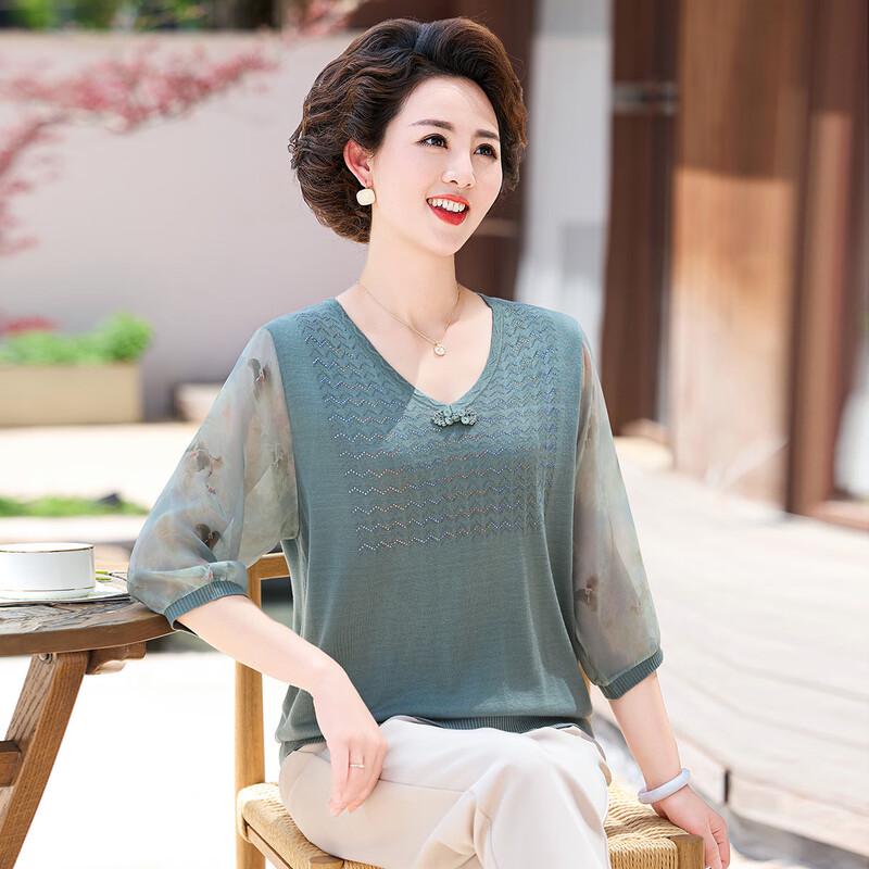 

Middle-Aged Women s Summer V-neck Knit Top with Mesh Sleeves L