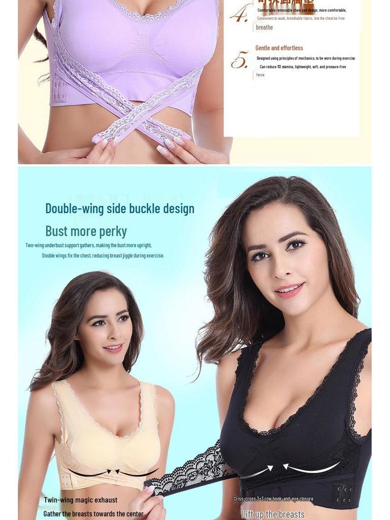 Kabelloser Sport-BH mit vorderem Kreuzverschluss und Spitzenbesatz - Push-Up-Unterstützung für Yoga & Laufen