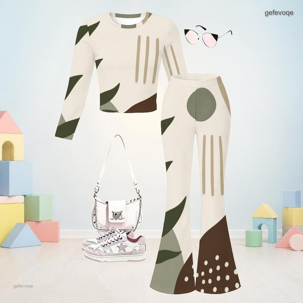 Girls Abstract Printed Round Neck Long Sleeve Top And Flared Pants Two Piece Set