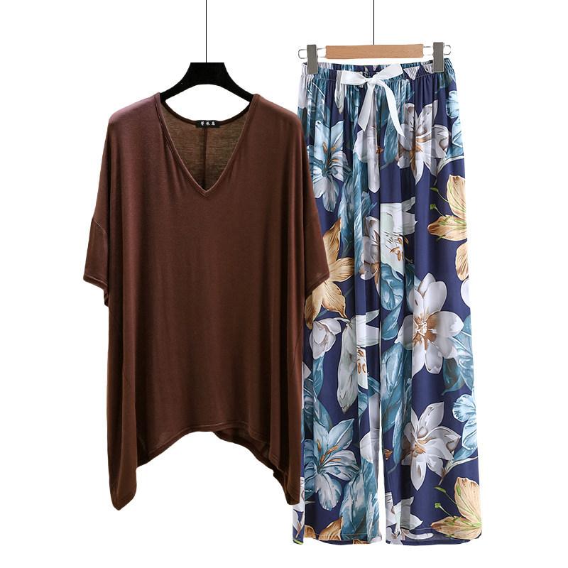 irregular Tshirt and floral wide leg pants summer women's casual pajamas sets Short sleeve homewear suit Loose lightweight Loungwear Plus size