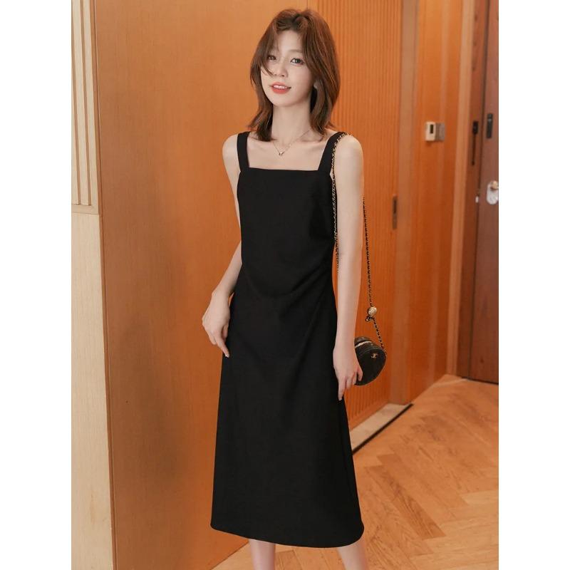 Womens Square Neck Sleeveless A Line Midi Dress S чёрный