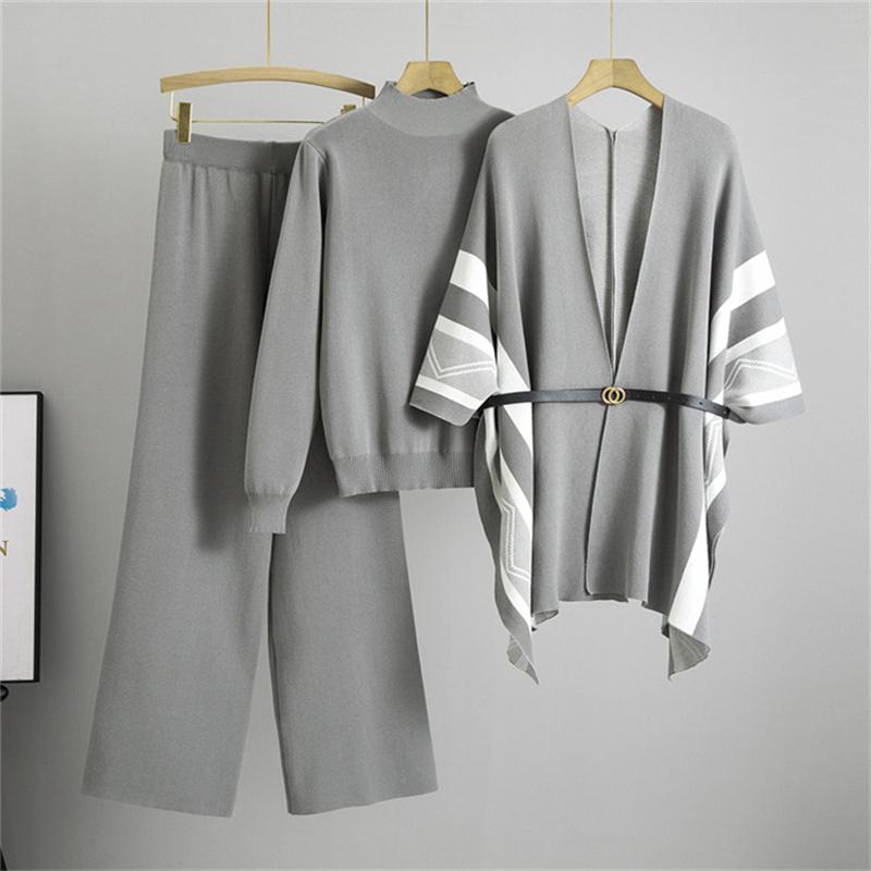 

Женский осенне-зимний модный комплект из трех предметов Свободный повседневный вязаный кардиган-шаль Свитер с высоким воротником Брюки с широкими штанинами One Size серый