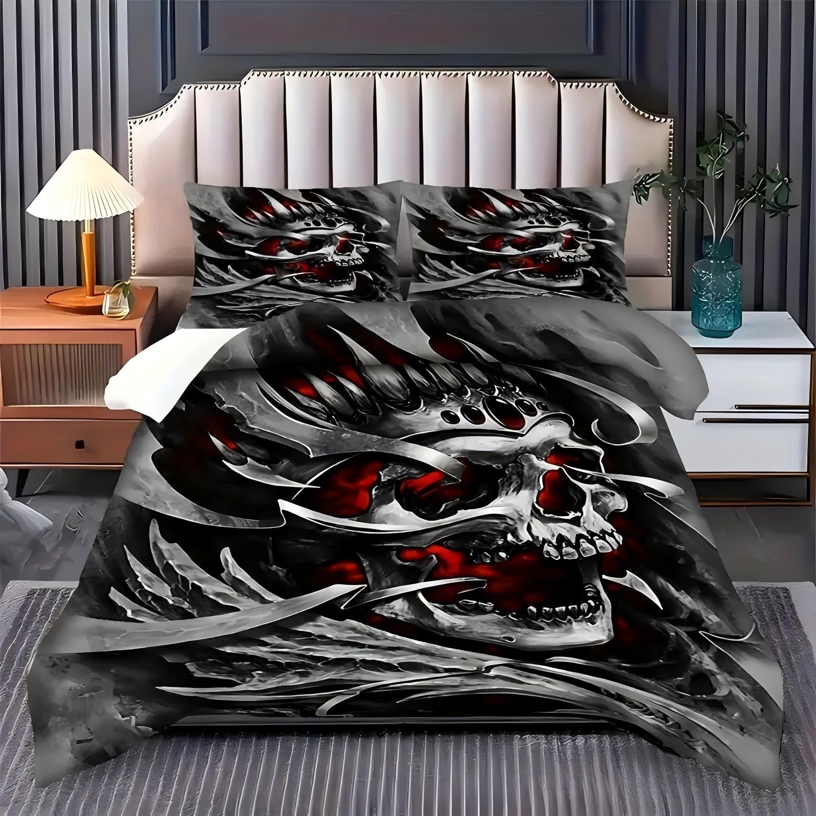 

Black Red Skull Pattern Printed Quilt cover Home Textile Soft Personality cool theme Duvet Cover Modern Gothic Style Bedding Set 135x200cm 2pcs