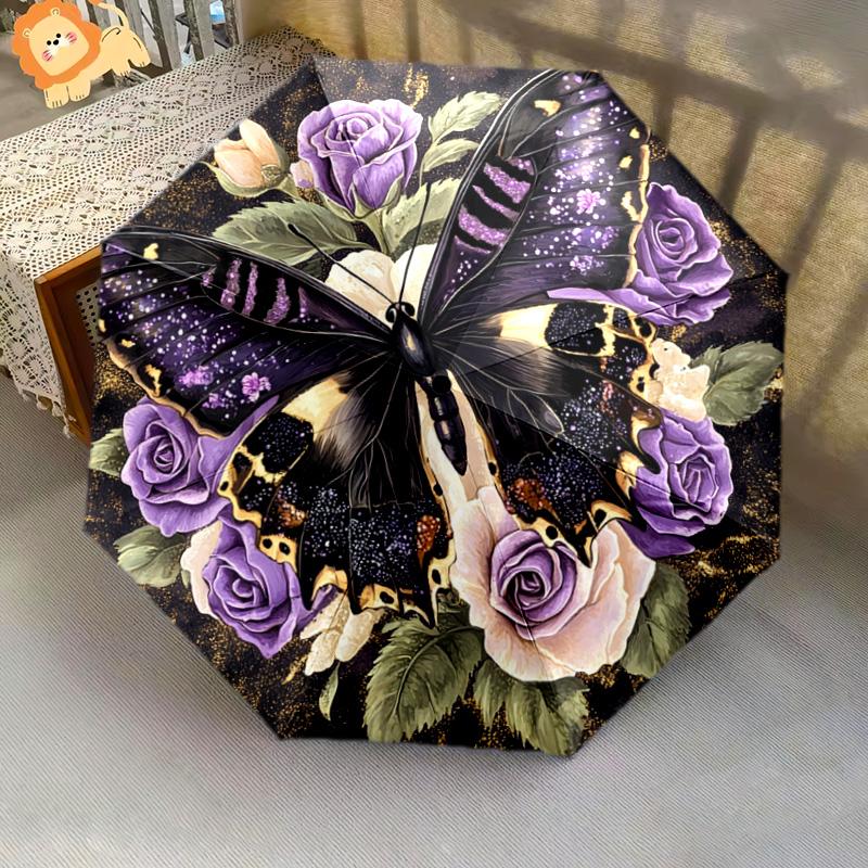 1 PC Automatic Folding Umbrella - Butterfly and Roses Pattern, Portable & Foldable Design with 8 Ribs, Christmas Birthday Gifts