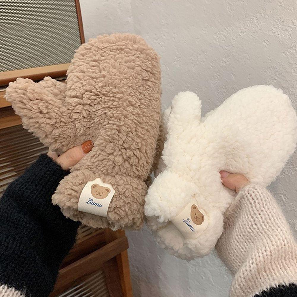 Girls Full Fingers Windproof Thicken Plush Bear Korean Mittens Women Winter Gloves Hanging Gloves