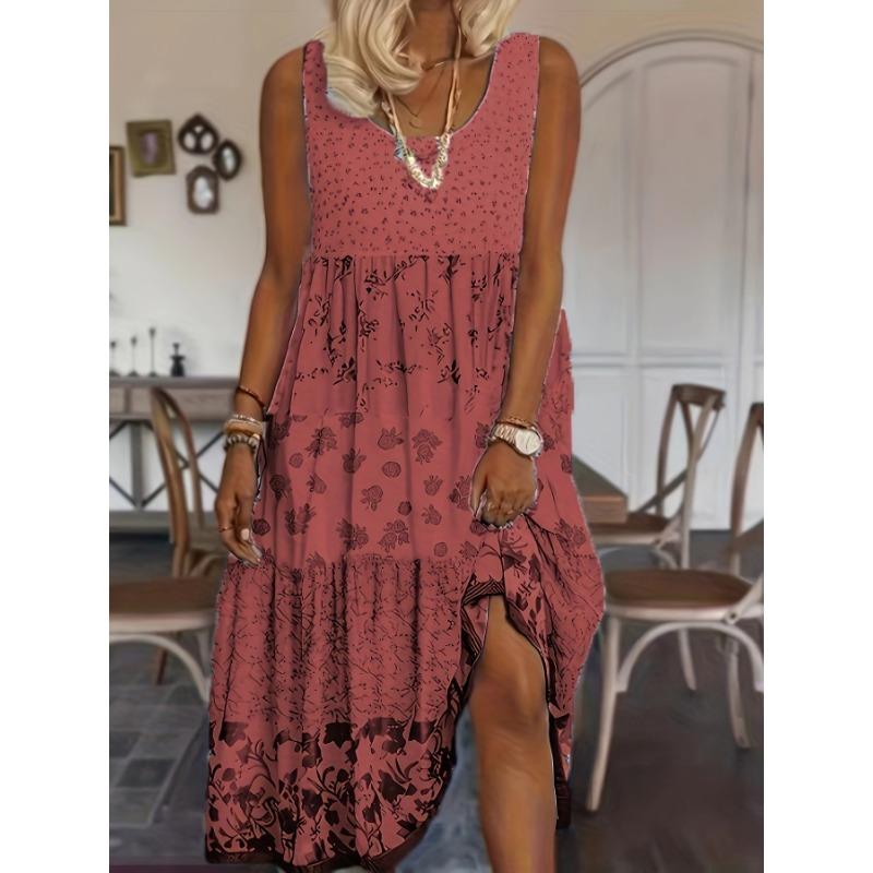 Summer New Women's Dress O-neck Flower Print Elastic Comfortable Simple Vacation Beach Sundress Midi Skirt