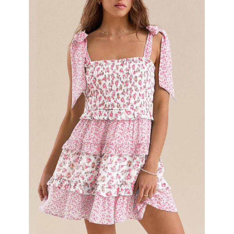 Europe, America 2026 summer new ruffle edge strap backless floral dress beach short skirt women S