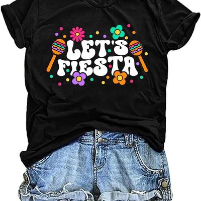 Camisetas Cinco De Mayo Mujer Let's Fiesta Camiseta Gráfica Fiesta Mexicana Camiseta Casual 5 de Mayo