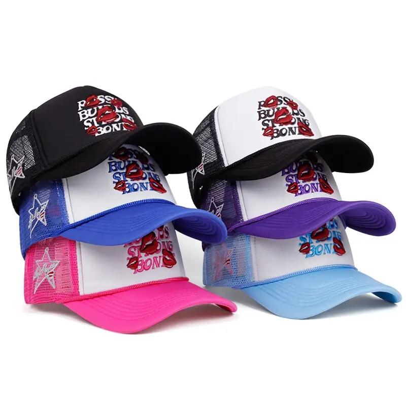 lip print 3D embroidery women men outdoors baseball cap Summer shading breathability Hip hop mesh cap trucker hat