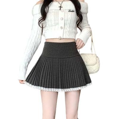 Lace Pleated Skirt for Women Sweet Cute  Autumn Winter Slim High Waist Sweet Cute A-line Shorts Skirt Preppy Style Clothing