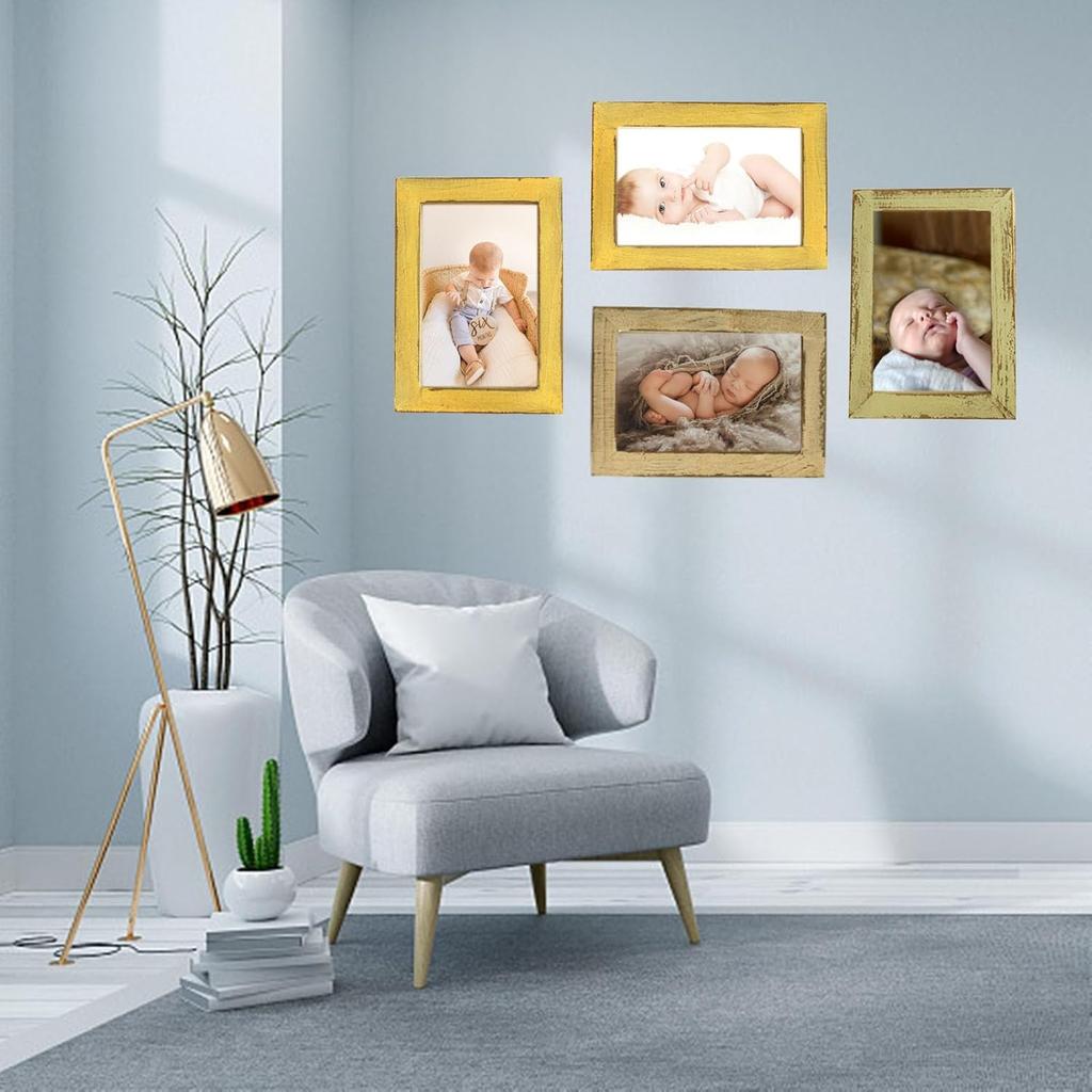 4x6 Rustic Retro Picture Frames Yellow Wood Farmhouse Distressed Photo Frame for Tabletop or Wall Mounting Home Office Decor Family Picture Frame,