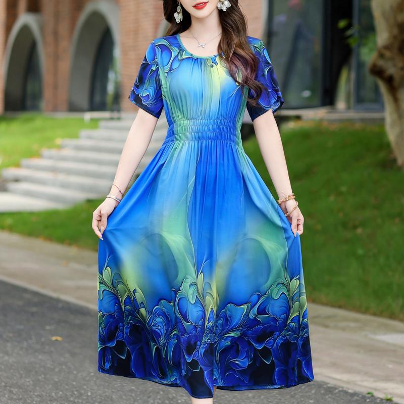 Elegantes Damenkleid Sommer Vintage Kleidung Lässig Kurzarm Lange Kleider