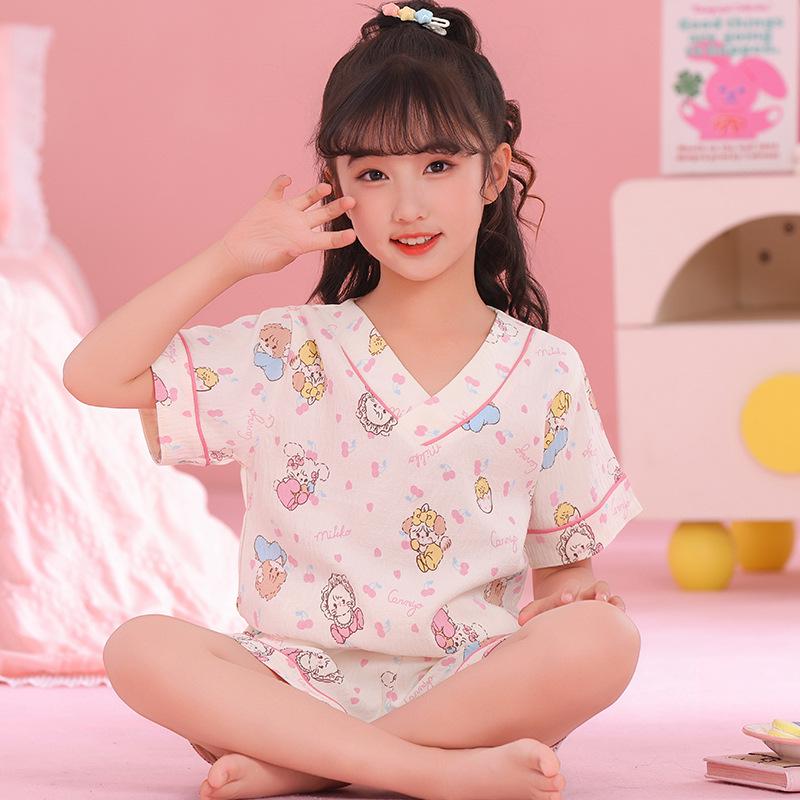 Girls' Summer Cloud Cotton Pajama Set - Short Sleeve V-Neck, Light Two-Piece Homewear