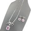 Light Luxury Redeen Cut Pink Zirconium Bow Necklace Women'S, Stylish Pink Full Diamond Jewel Stud Earrings Two-Piece Set