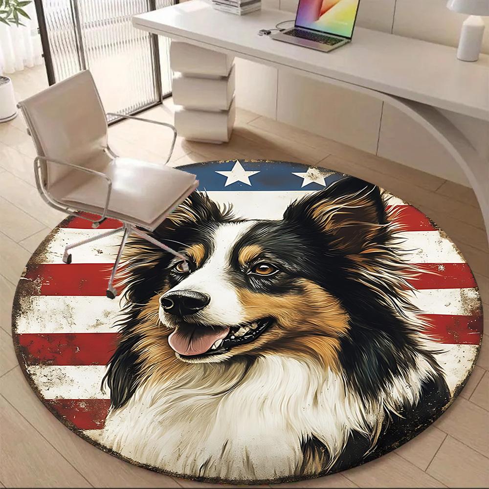 1PC Patriotic Dog Office Round Area Rug, Mat Suitable For Office, Under Office Chairs Bedroom Living Room Home Decor, Room Deco