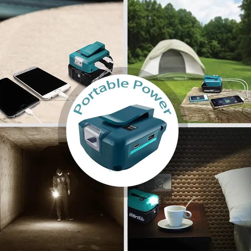 Battery Adapter with Led Work Light For Makita 14.4V18V Li-on Battery with Dual USB Type-c DC Port Emergency Power Supply