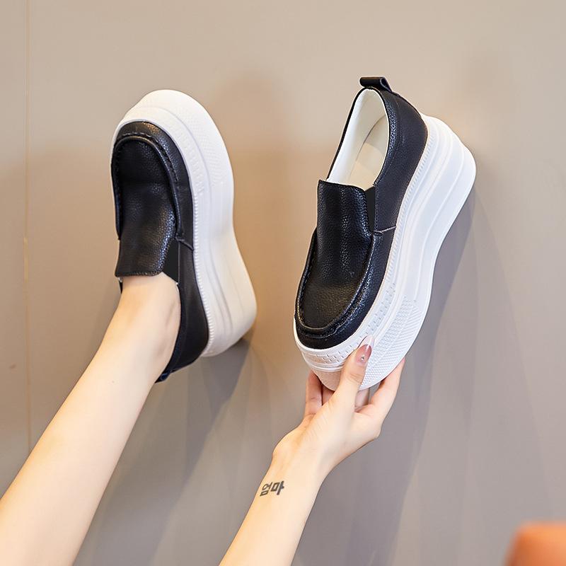 Leather Thick-soled One-pedal Loafers Women's Solid Color Heightening Foot Cover Breathable and Comfortable Heightening 8CM Small White Shoes Sin