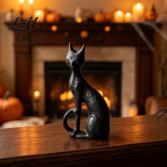 Black Cat Statue Abstract Witch Figurine Resin Statue Gothic Heavy Duty Crafts Ornament Halloween Tabletop Decor for Home Mantel Office Desk Retro
