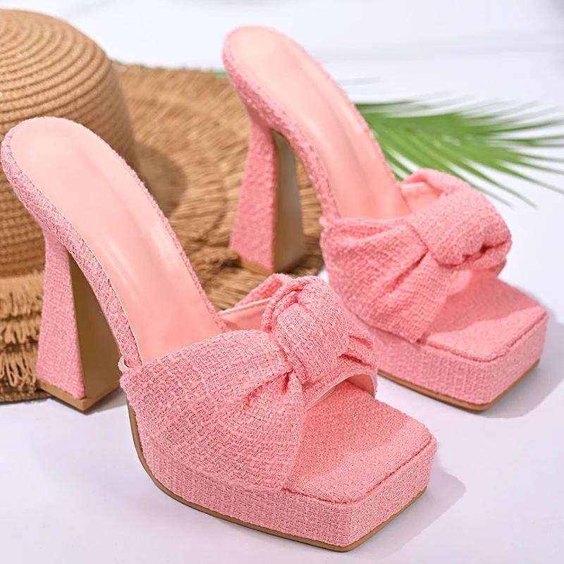 

Fashion Fashion Bow-Knot Thick Sole Slides Women New Style Square Toe High Heel Slippers Female Summer Plus Size Slip On Sandals Mujer 34 розовый