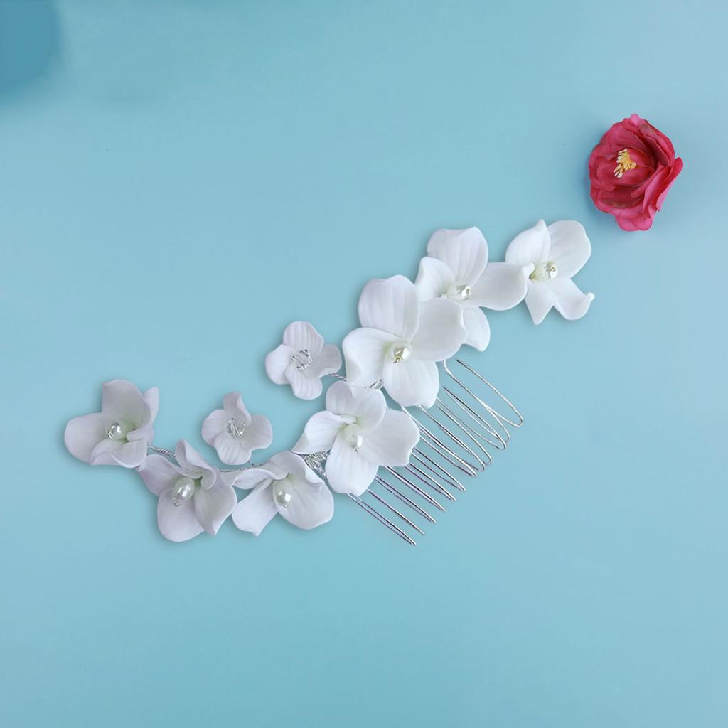 Handmade Soft Ceramic Hair Combs Messy Bun Maker with Pearls Decor for Female Daily Headdress Jewelries