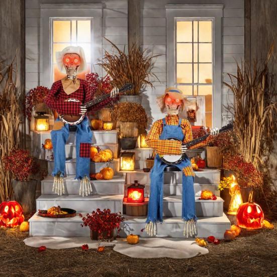 Halloween Animated Banjo Skeletons Fall Country Skeleton Musician Playing Banjo Figurine for Thanksgiving Autumn Harvest Decor