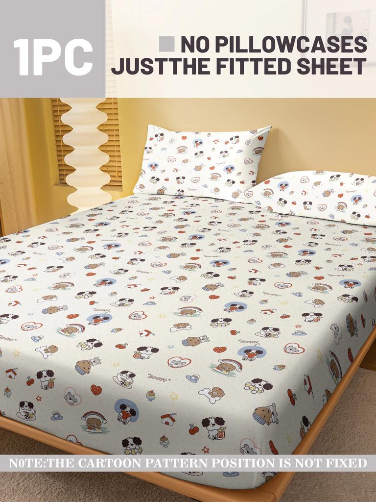 Cartoon 1 Cute Fun Animal Dog Printed Matte Fitted Sheet, Bedroom Printed Bed Cover, Bedding Excluding Pillowcases