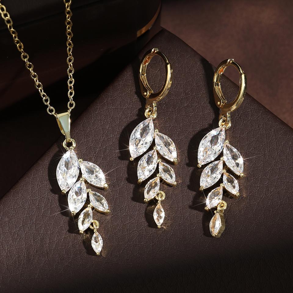 ZAKOL Poland Style Cubic Zirconia Leaf Hook Earrings Necklace Set for Women Elegant Bridal Wedding Party Jewelry Dress