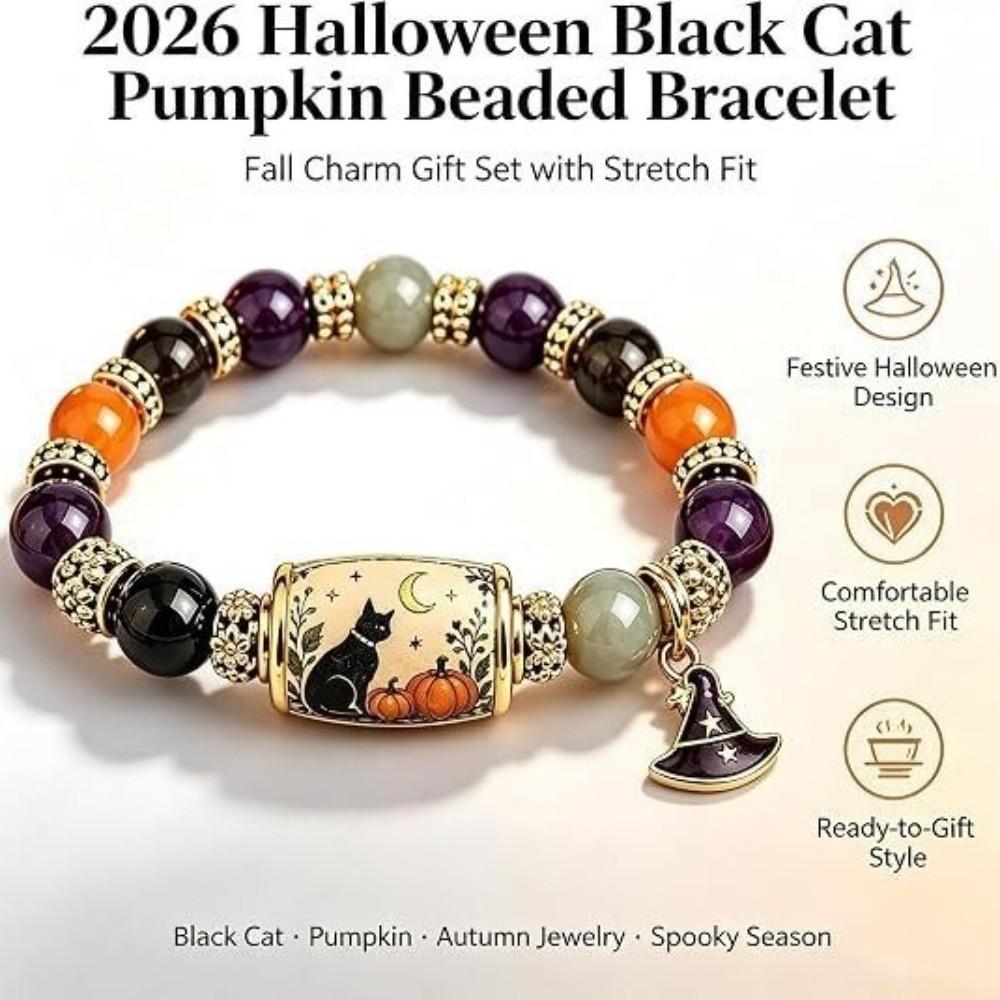 Vintage Witch Black Cat Charm Bracelet Beaded Pumpkin Ghost Bead Jewelry  For Women Men