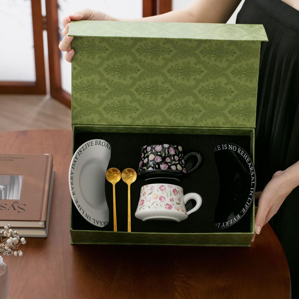 Caja de regalo de alta calidad con diseño de tulipán negro, ideal para regalar a alguien, taza de café, regalo de recuerdo, juego de tazas de cerámica, nicho.