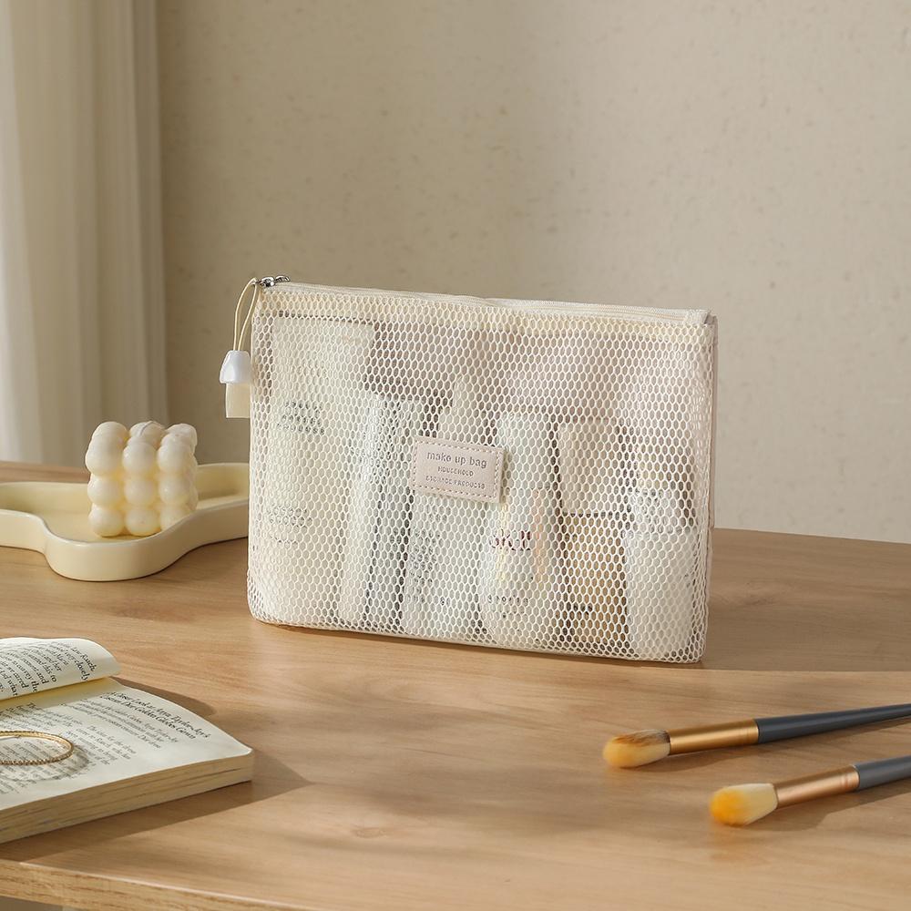 

Portable Transparent Mesh Makeup Breathable Travel Cosmetic Pouch Large Capacity Toiletry Organizer Visible Multi Color Women бежевый