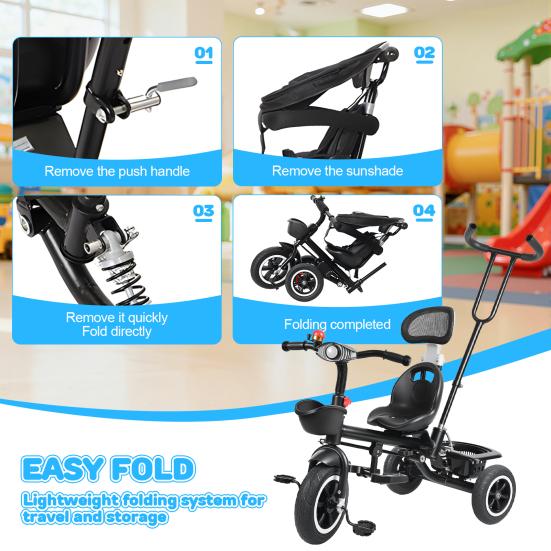 Toddler Tricycle Children Trike Kids with Adjustable Push Handle Removable Canopy Safety Harness Child Music Headlight Storage Basket,