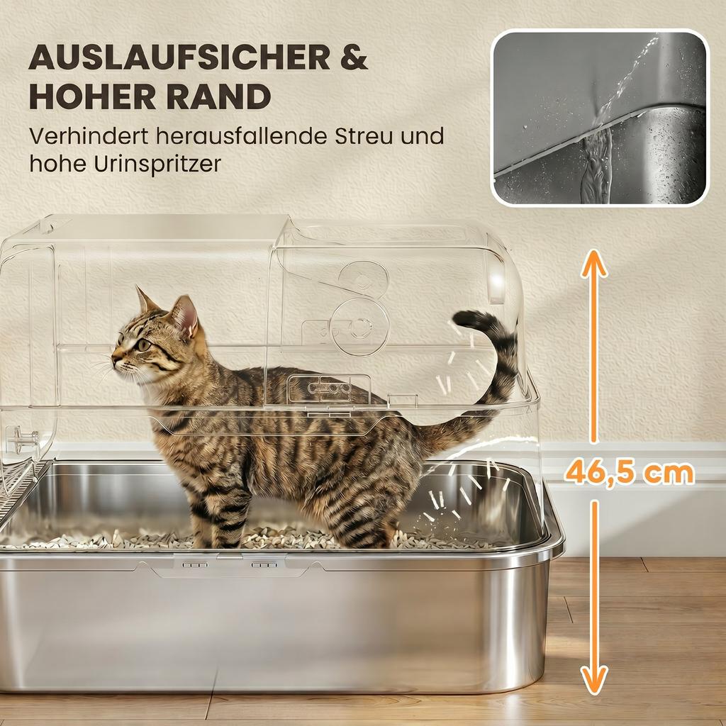 Lettiera per Gatti in Acciaio Inossidabile con Coperchio XXL 72L per Gatti Grandi e Multipli con Doppia Porta, Paletta, Pedale, Anti-Perdita
