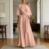 Set da 2 Pezzi Outfit Estivo da Donna Top Scollo a Barca Manica Corta Pantaloni Lunghi a Vita Alta Gamba Larga Oversize Set Tuta da Casa Colore Puro