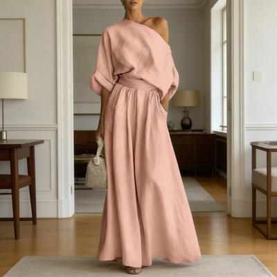 2Pcs/Set Women Summer Outfit Slash Neck Short Sleeve Tops High Waist Oversized Wide Leg Long Pants Set Pure Color Lounge Set