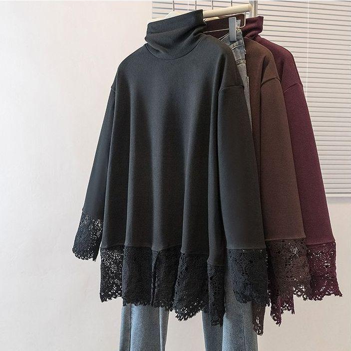 Plus Size German Velvet Lace Long Sleeve High Neck Top - Women's Slimming Autumn Winter Outerwear Shirt