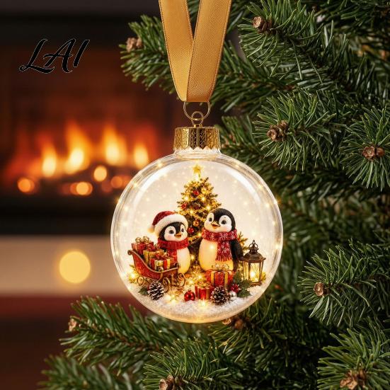 3D Winter Scene Baubles Glowing Christmas Story Ornament Light-Up Ball with Warm LED Light Mini Holiday Acrylic Festive Tree in Clear Hanging