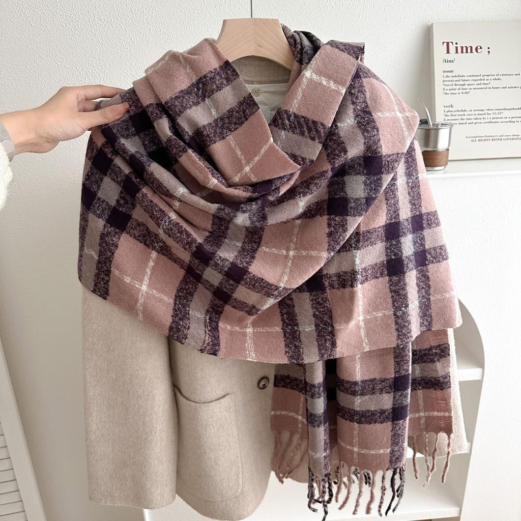 New Winter Retro Plaid Scarf for Girls Versatile Thickened and Warm Long Shawl Dual Purpose Double-sided Couple Scarf