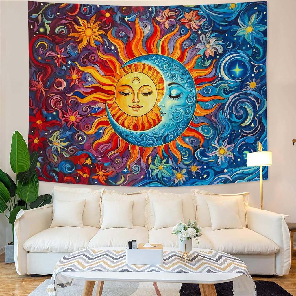Sun and Moon Tapestry Boho Hippie Orange Red Blue Floral Tapestry for Bedroom Aesthetic Abstract Plant Flowers Small Tapestries