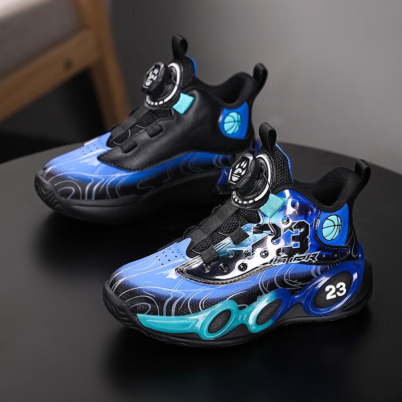 

2025 Осень Мальчиковые Кожаные Дышащие Кроссовки с Вращающейся Кнопкой и Нескользящей Подошвой 30 чёрный/синий