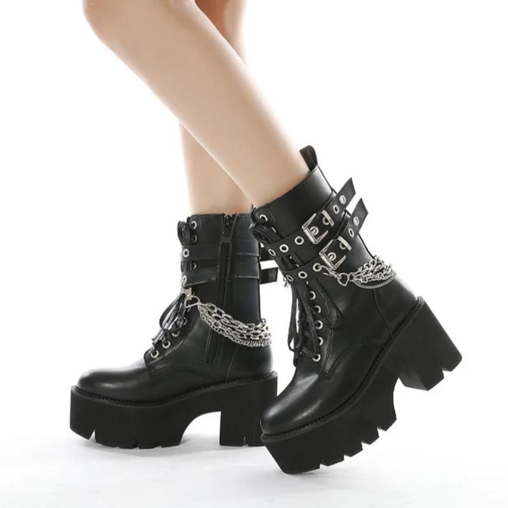 Hochwertige Leder Gothic Schwarze Stiefel Damen Absatz Sexy Kette Blockabsatz Plateaustiefel Damen Punk Style Stiefeletten Reißverschluss