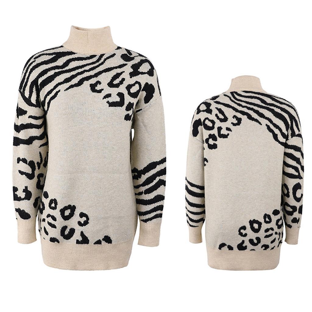 Fashion Women's Turtleneck Sweater Leopard Pattern Long Sweaters Blouse